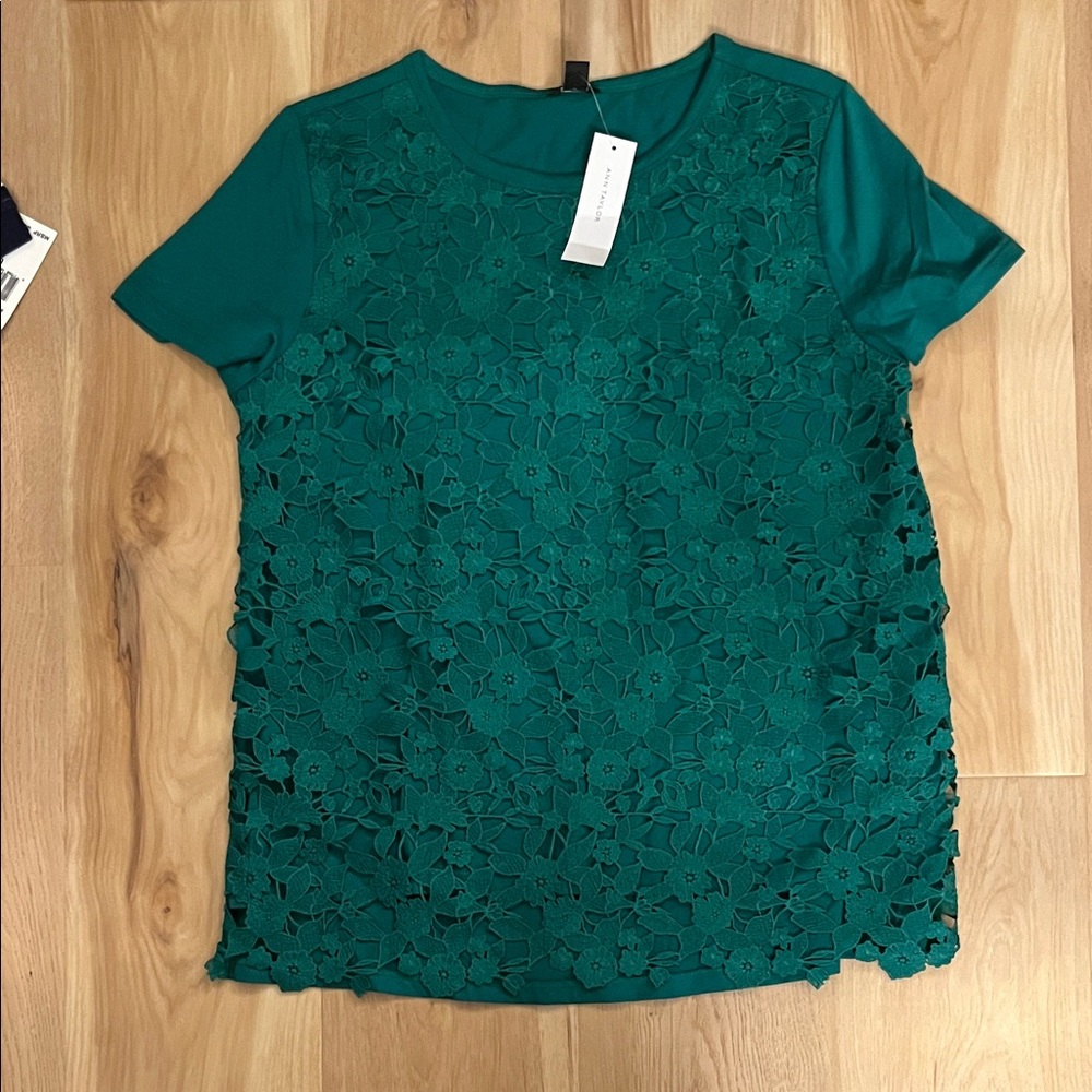 Ann Taylor Green Lace Short Sleeve Top